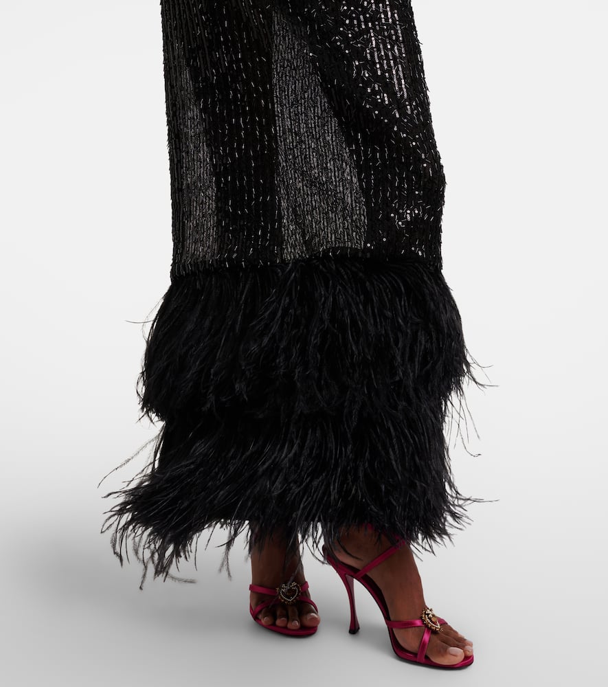 Dolce & Gabbana Feather-trimmed Sequined Sheer Gown In Black