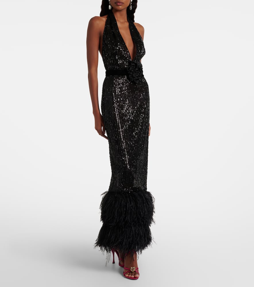 Dolce & Gabbana Feather-trimmed Sequined Sheer Gown In Black