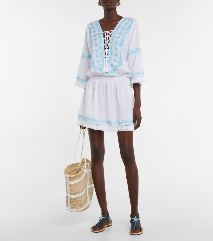 Melissa Odabash Martina Cotton And Linen Embroidered Minidress In Aqua