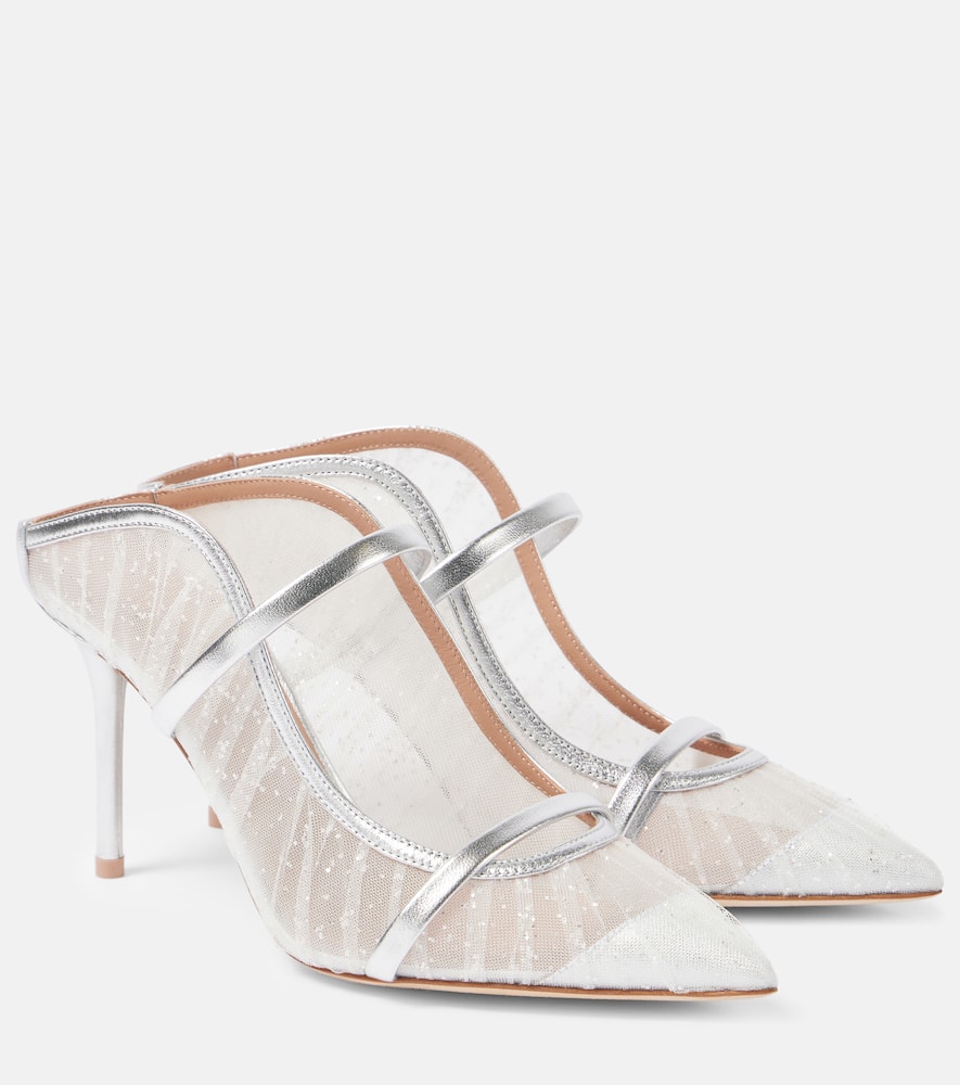Maureen 85 leather-trimmed glitter mules