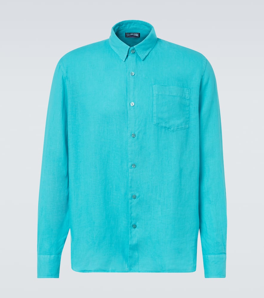 Vilebrequin - Caroubis Linen Long Sleeved Shirt In Santorini Blue Crsh9u10 In Vert Disco