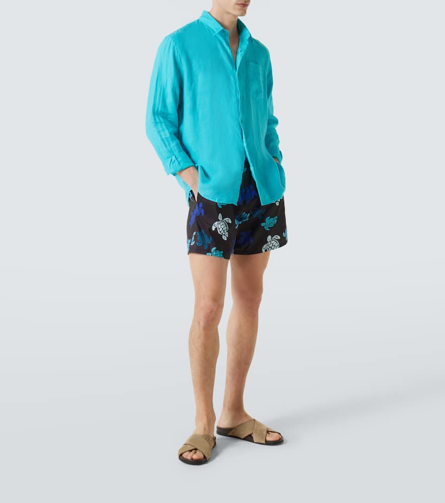 Vilebrequin - Caroubis Linen Long Sleeved Shirt In Santorini Blue Crsh9u10 In Vert Disco