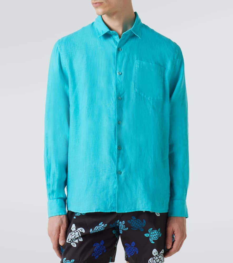 Vilebrequin - Caroubis Linen Long Sleeved Shirt In Santorini Blue Crsh9u10 In Vert Disco