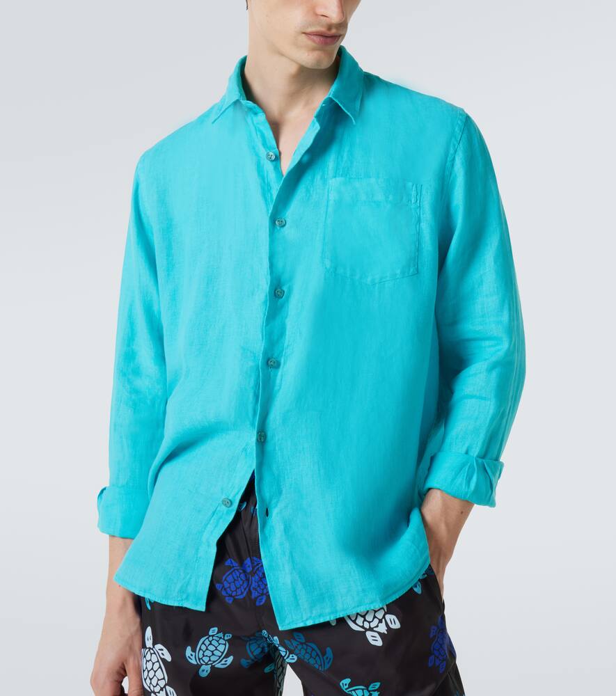 Vilebrequin - Caroubis Linen Long Sleeved Shirt In Santorini Blue Crsh9u10 In Vert Disco