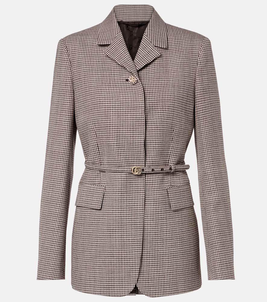 Gucci Double G Gingham Belted Wool Blazer In Brown