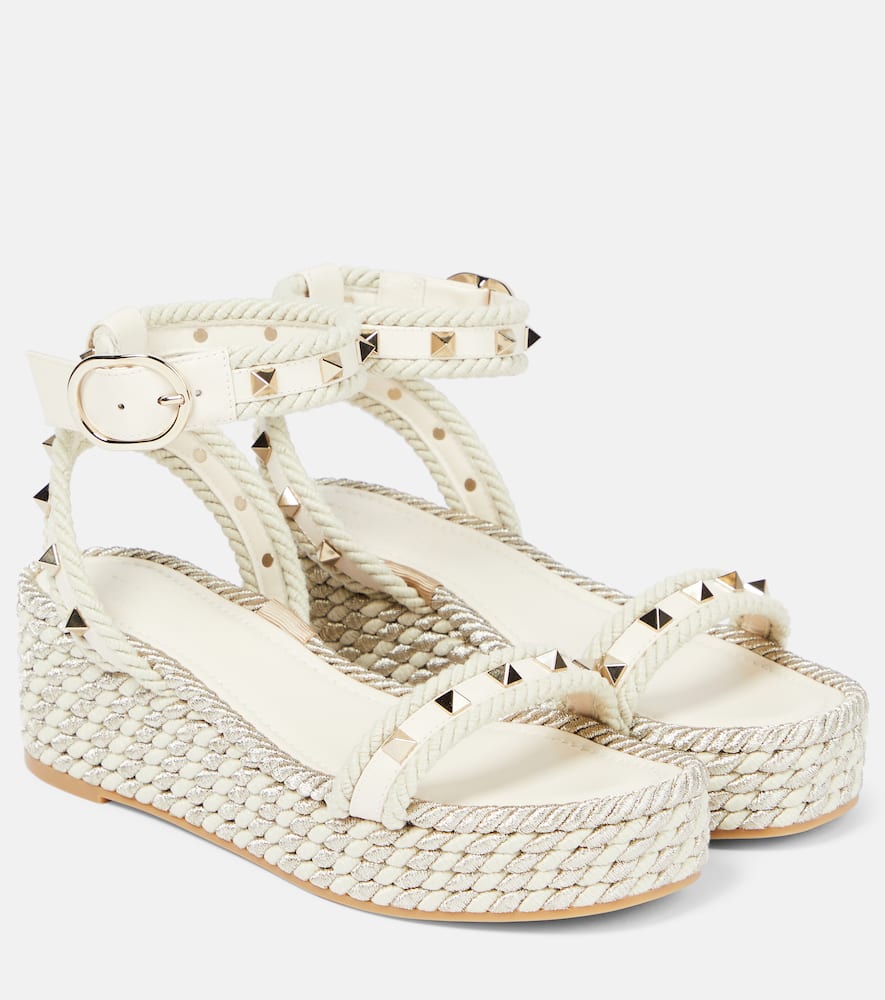 Valentino Rockstud Leather Wedge Espadrilles In White