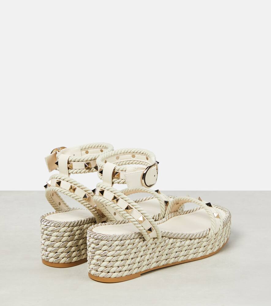Valentino Rockstud Leather Wedge Espadrilles In White