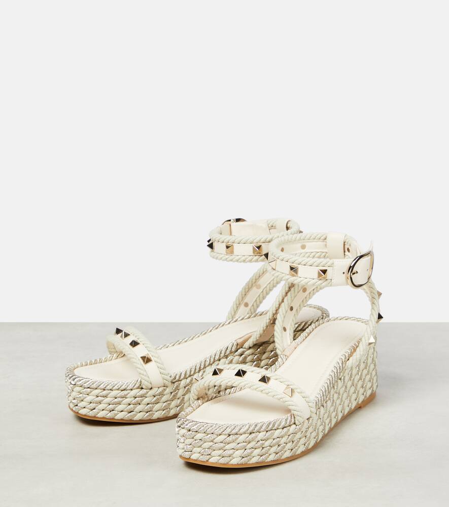 Valentino Rockstud Leather Wedge Espadrilles In White
