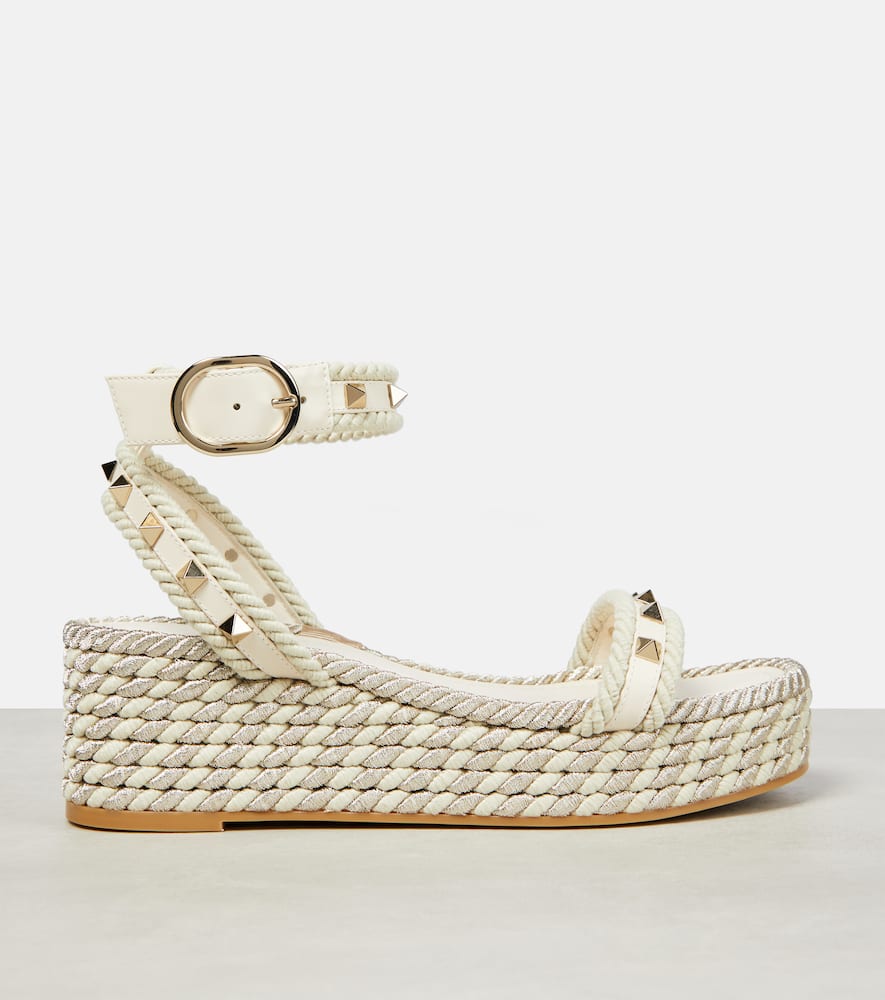 Valentino Rockstud Leather Wedge Espadrilles In White