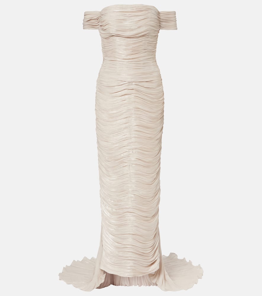 Marmar Halim Off-shoulder Pleated Bustier Gown In Neutral