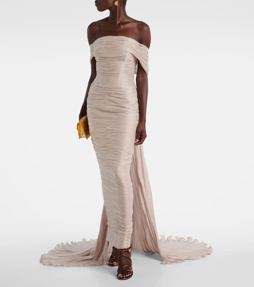 Marmar Halim Off-shoulder Pleated Bustier Gown In Neutral