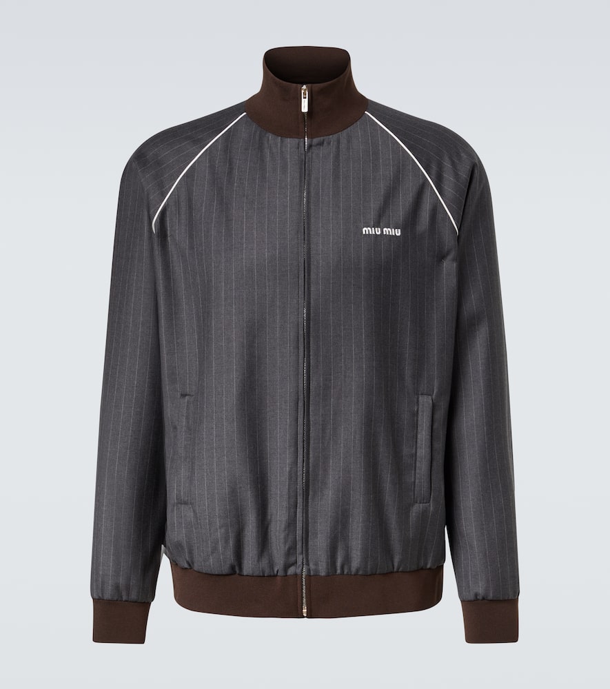Miu Miu Logo Pinstripe Virgin Wool Track Jacket In Gray