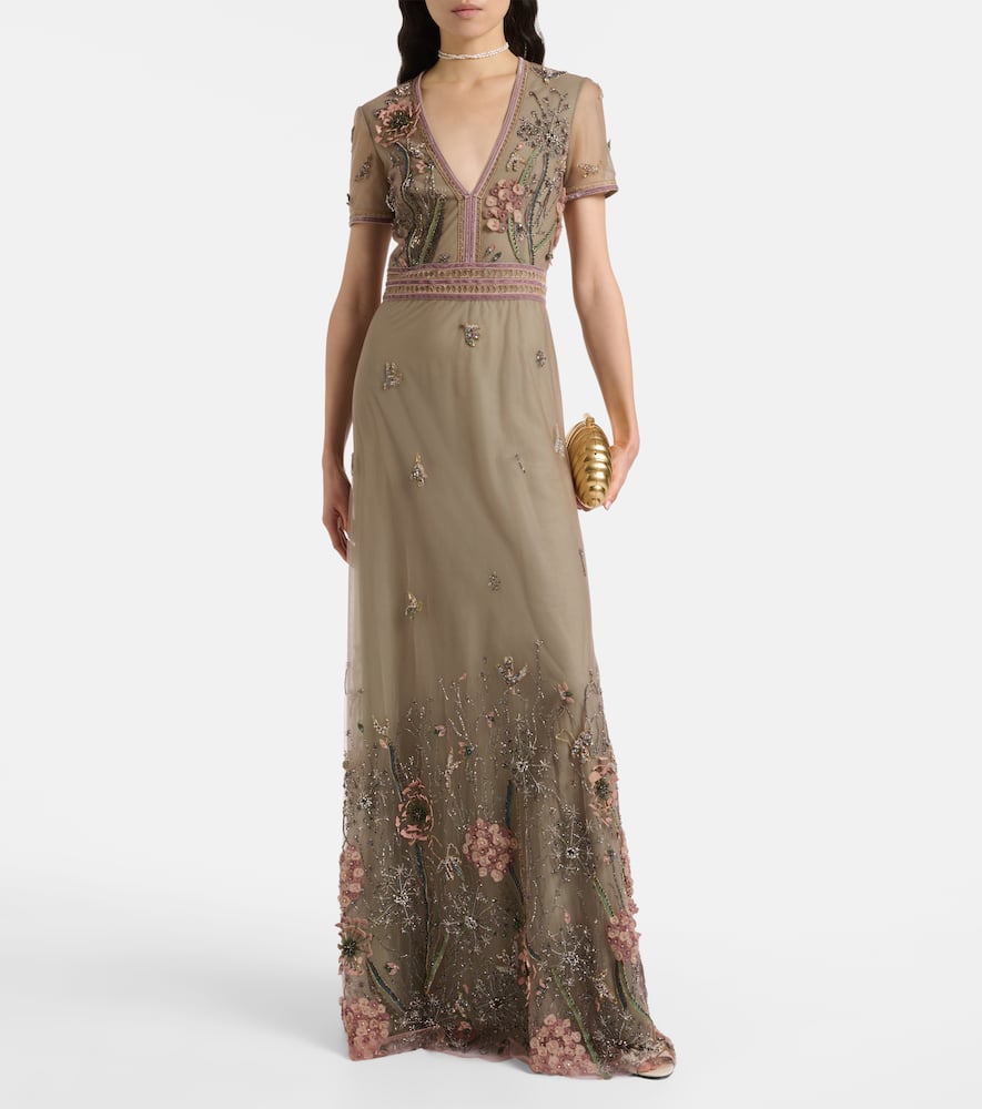 Costarellos Floral Embellished Gown In Green