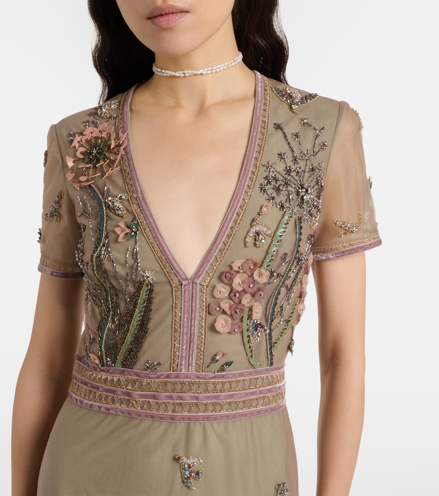 Costarellos Floral Embellished Gown In Green