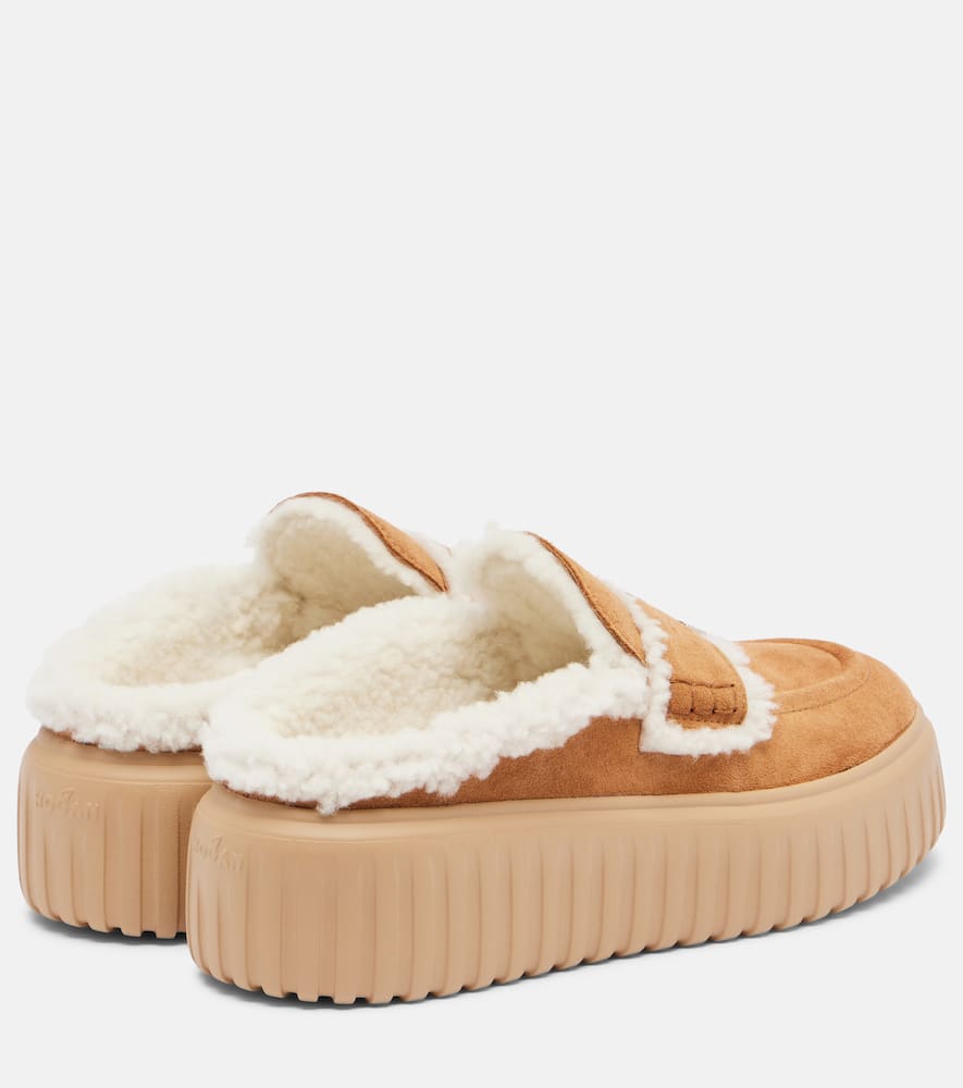Hogan Shearling-trimmed Suede Slippers In Brown