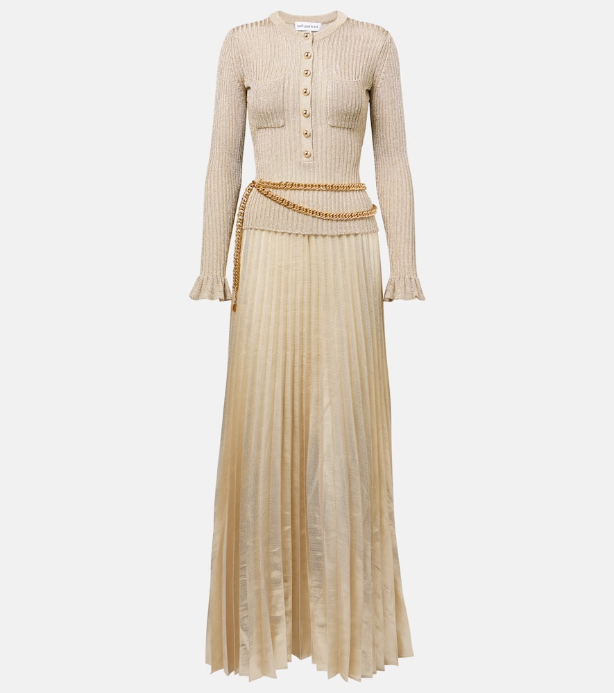 Self-portrait Ribbed-knit Lame Plisse Maxi Dress In Gold