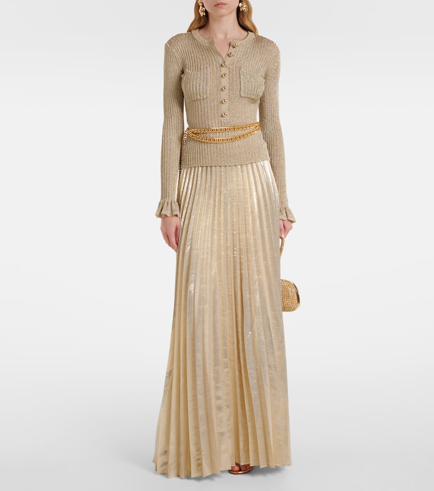 Self-portrait Ribbed-knit Lame Plisse Maxi Dress In Gold