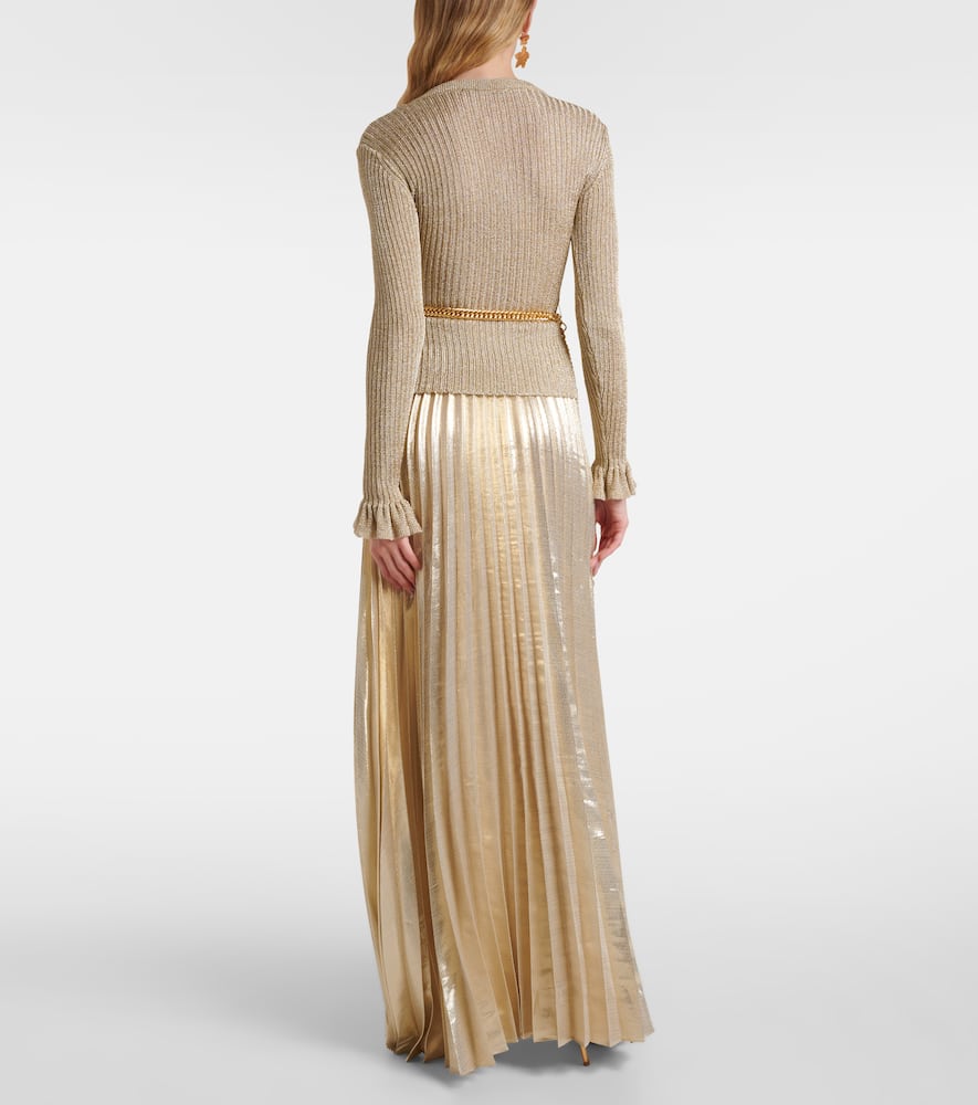 Self-portrait Ribbed-knit Lame Plisse Maxi Dress In Gold