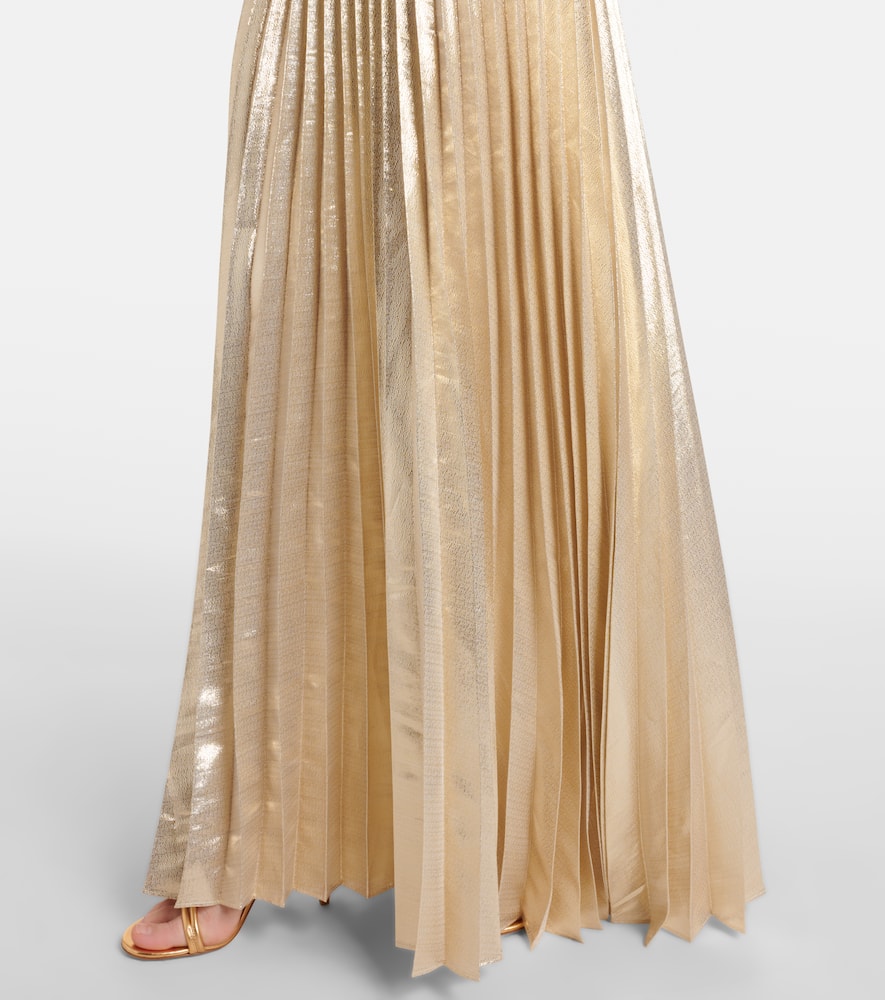 Self-portrait Ribbed-knit Lame Plisse Maxi Dress In Gold