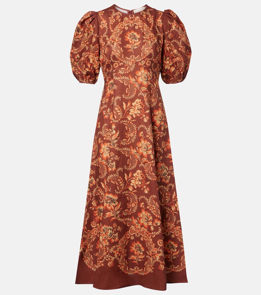 Alemais Seraphina Printed Linen Midi Dress In Burgundy