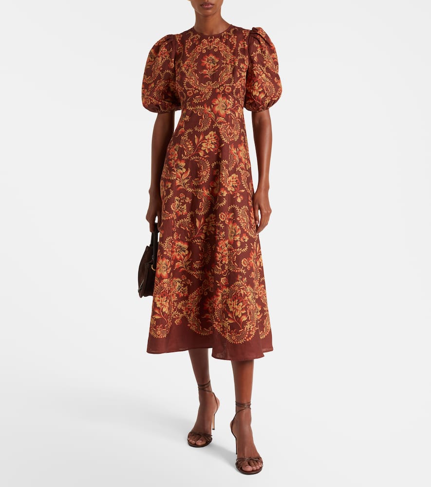 Alemais Seraphina Printed Linen Midi Dress In Burgundy