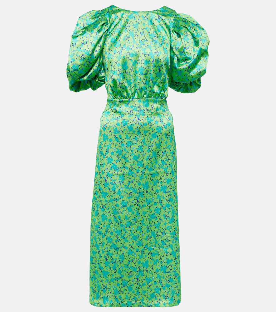 Rotate Birger Christensen Floral Puff-sleeve Satin Midi Dress In Multicoloured