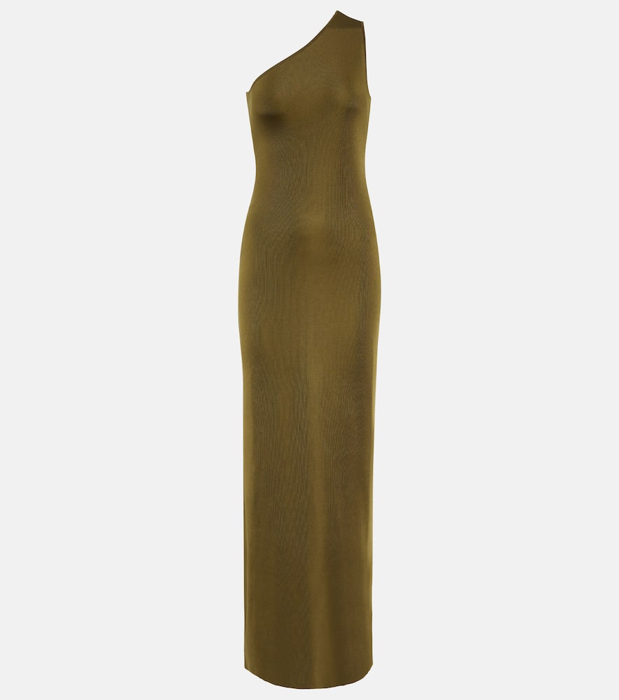Saint Laurent Maxi One-shoulder Dress Fitted Silhouette In Vert Mousse