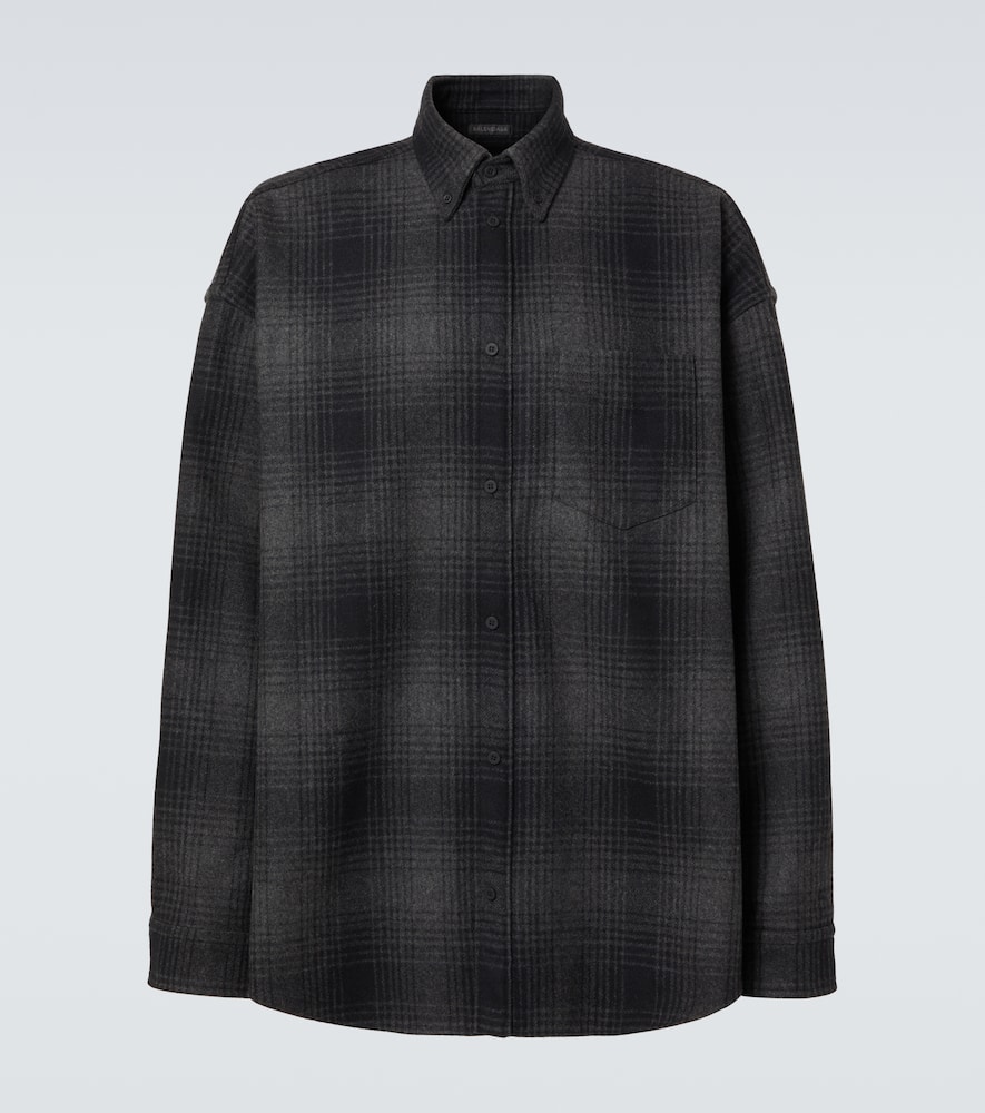 Balenciaga Oversize Plaid Wool Blend Flannel Button-down Shirt In Black