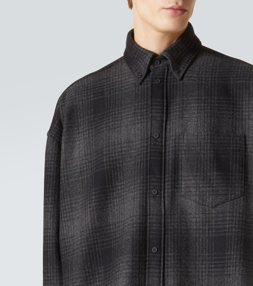Balenciaga Oversize Plaid Wool Blend Flannel Button-down Shirt In Black