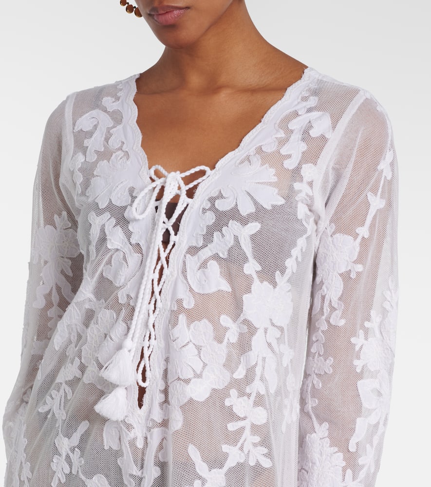 Juliet Dunn Embroidered Sheer Cotton Kaftan In White