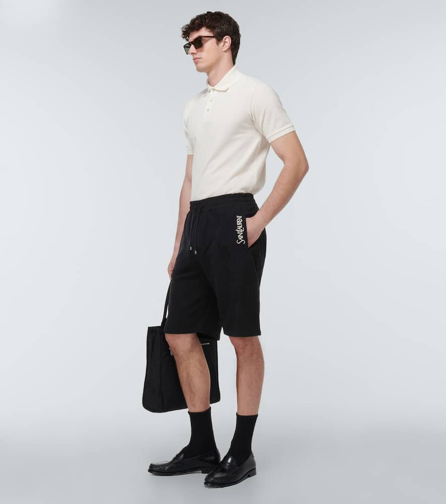 Shop Saint Laurent Embroidered Cotton Jersey Track Shorts In Noir/naturel