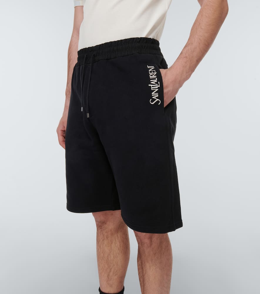 Shop Saint Laurent Embroidered Cotton Jersey Track Shorts In Noir/naturel