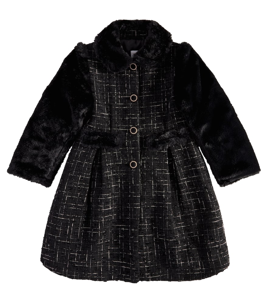 Patachou Faux Fur And Tweed Coat In Black