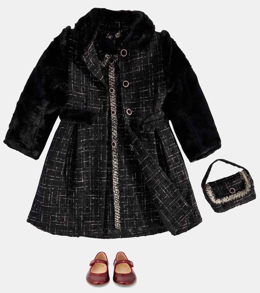 Patachou Faux Fur And Tweed Coat In Black