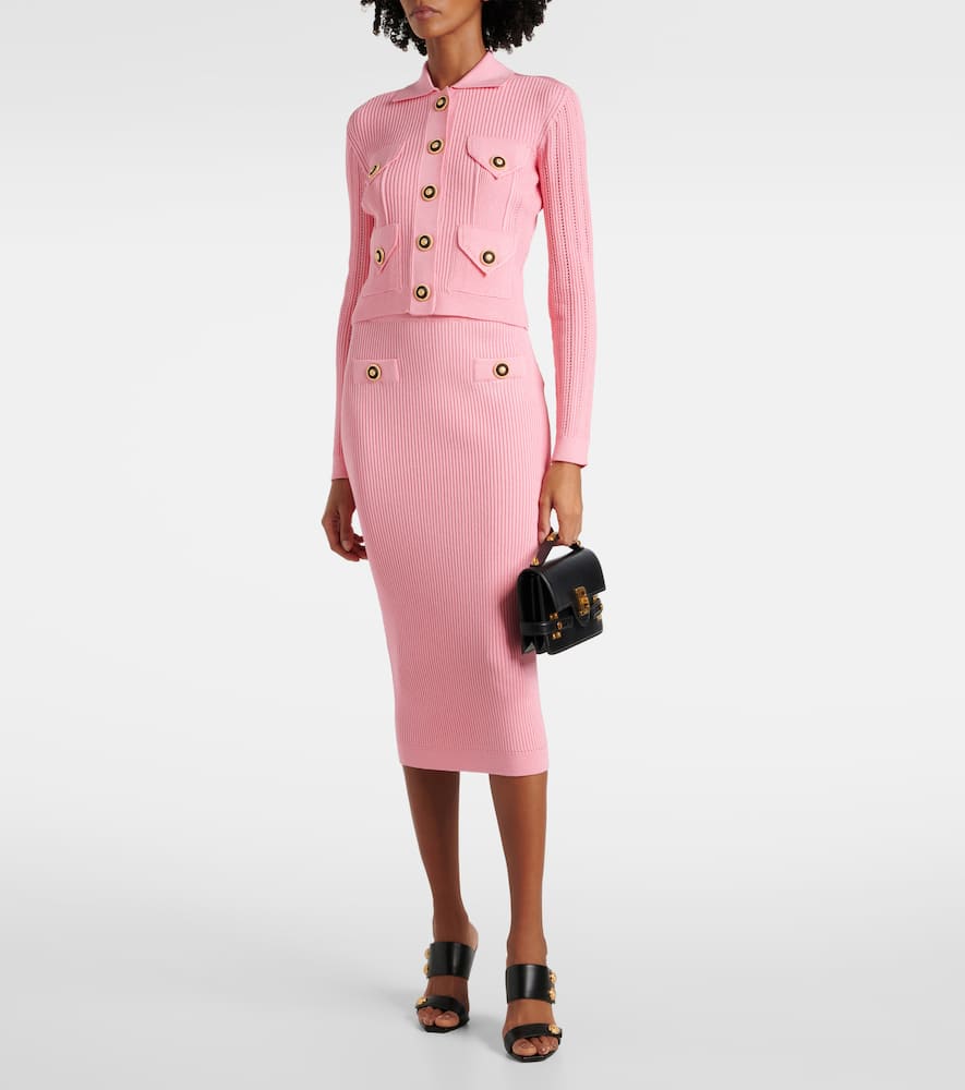 Balmain Perforated Knit Short Cardigan With Patch Pockets In Rose