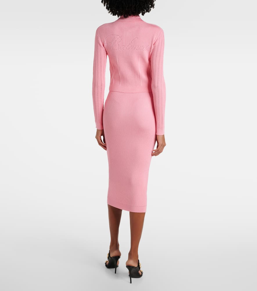 Balmain Perforated Knit Short Cardigan With Patch Pockets In Rose