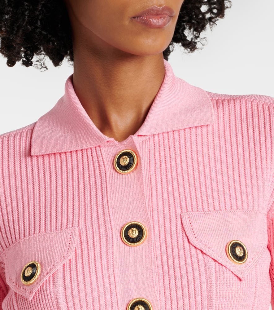 Balmain Perforated Knit Short Cardigan With Patch Pockets In Rose