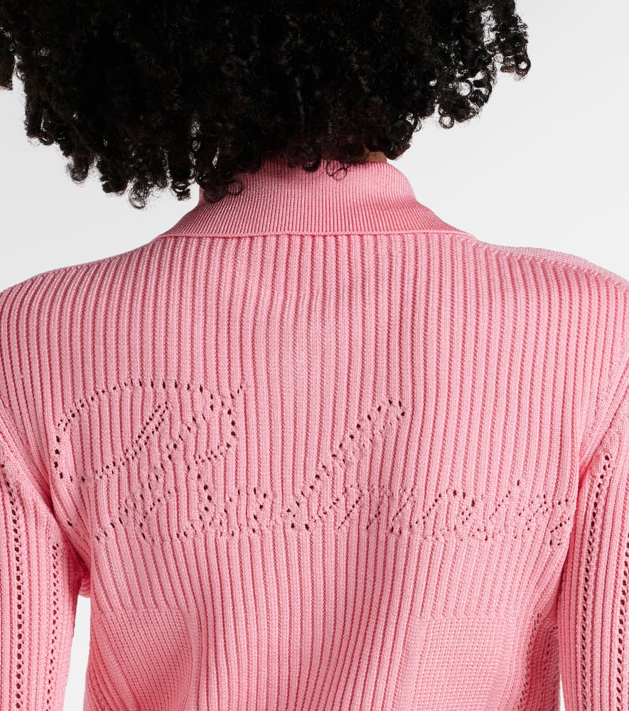 Balmain Perforated Knit Short Cardigan With Patch Pockets In Rose