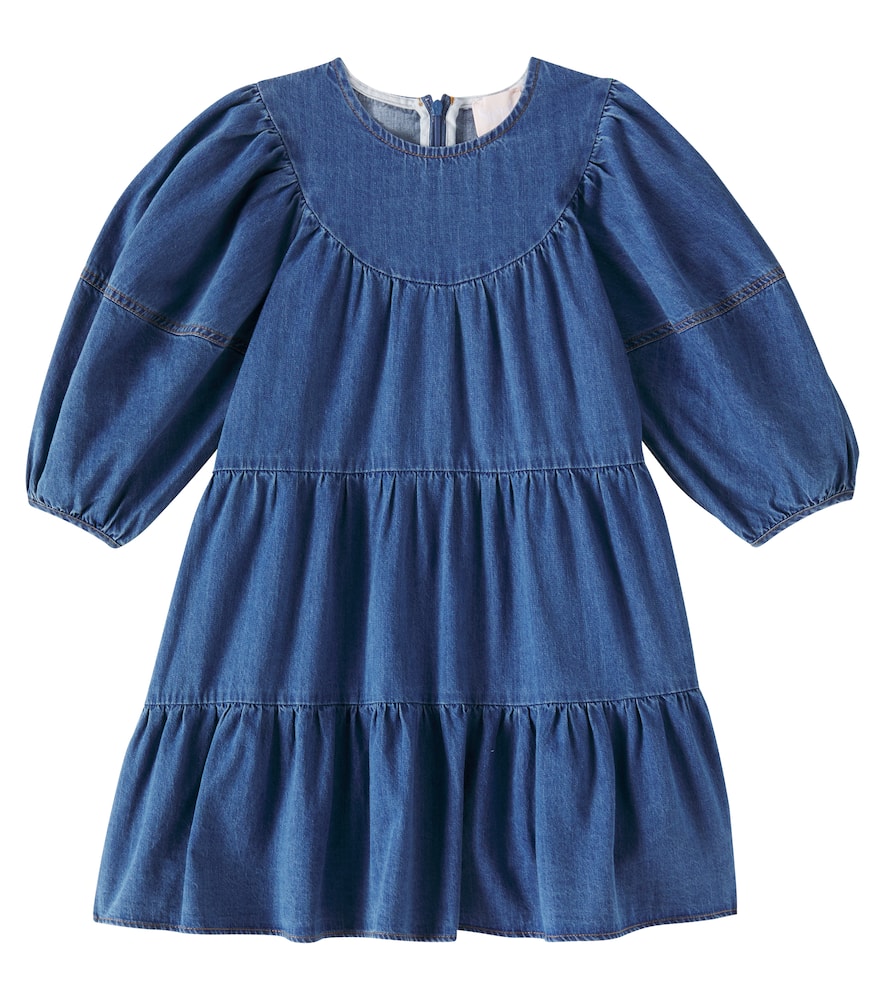 Petite Amalie Balloon-sleeve Cotton Chambray Dress In Blau