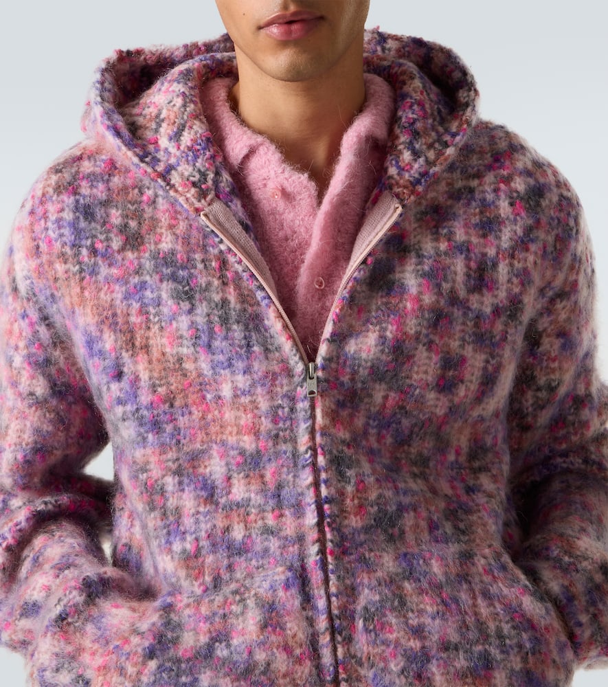 Erl Hooded Wool, Mohair, And Cotton-blend Cardigan In Pink