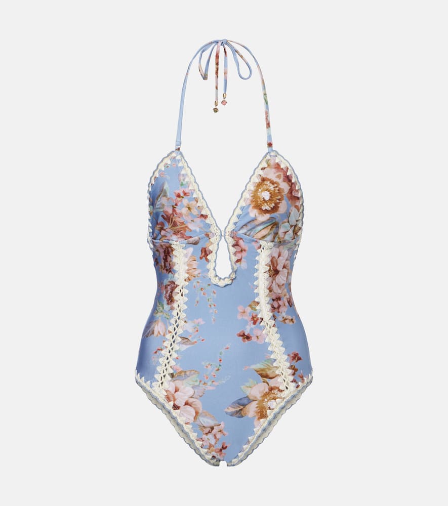 Zimmermann Awaken Floral Crochet-trimmed Swimsuit In Blue