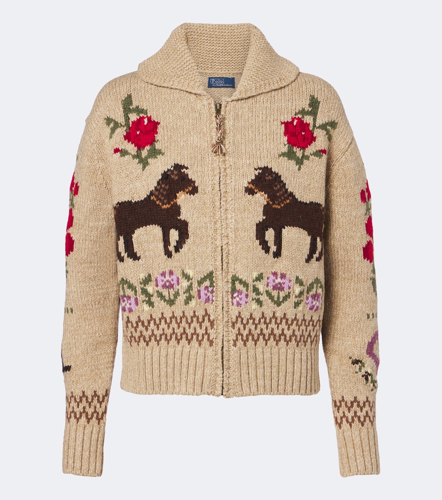 Polo Ralph Lauren Intarsia Wool And Cotton Zip-up Cardigan In Sand