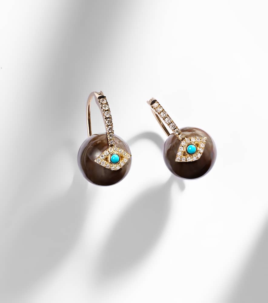 Sydney Evan Evil Eye 14kt Gold Earrings With Diamonds In Brown