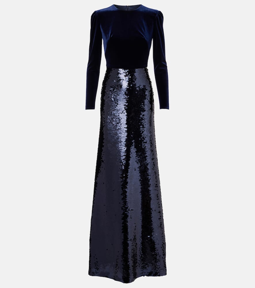 Monique Lhuillier Sequined Velvet Gown In Blue