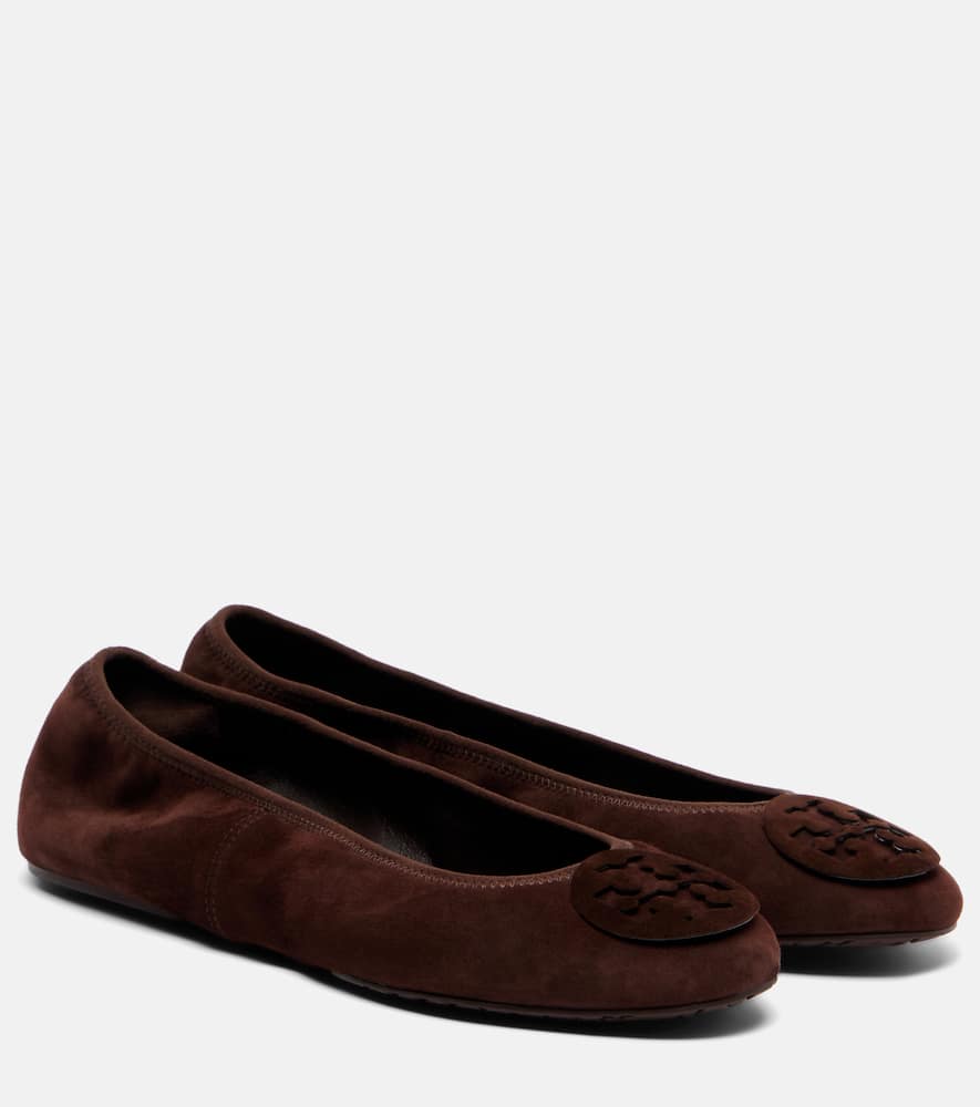 Tory Burch Suede Ballet Flats With Logo Embellishment In Brown