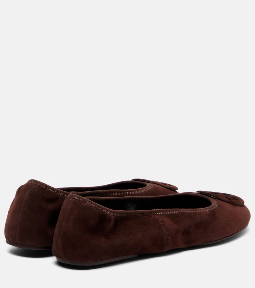 Tory Burch Suede Ballet Flats With Logo Embellishment In Brown