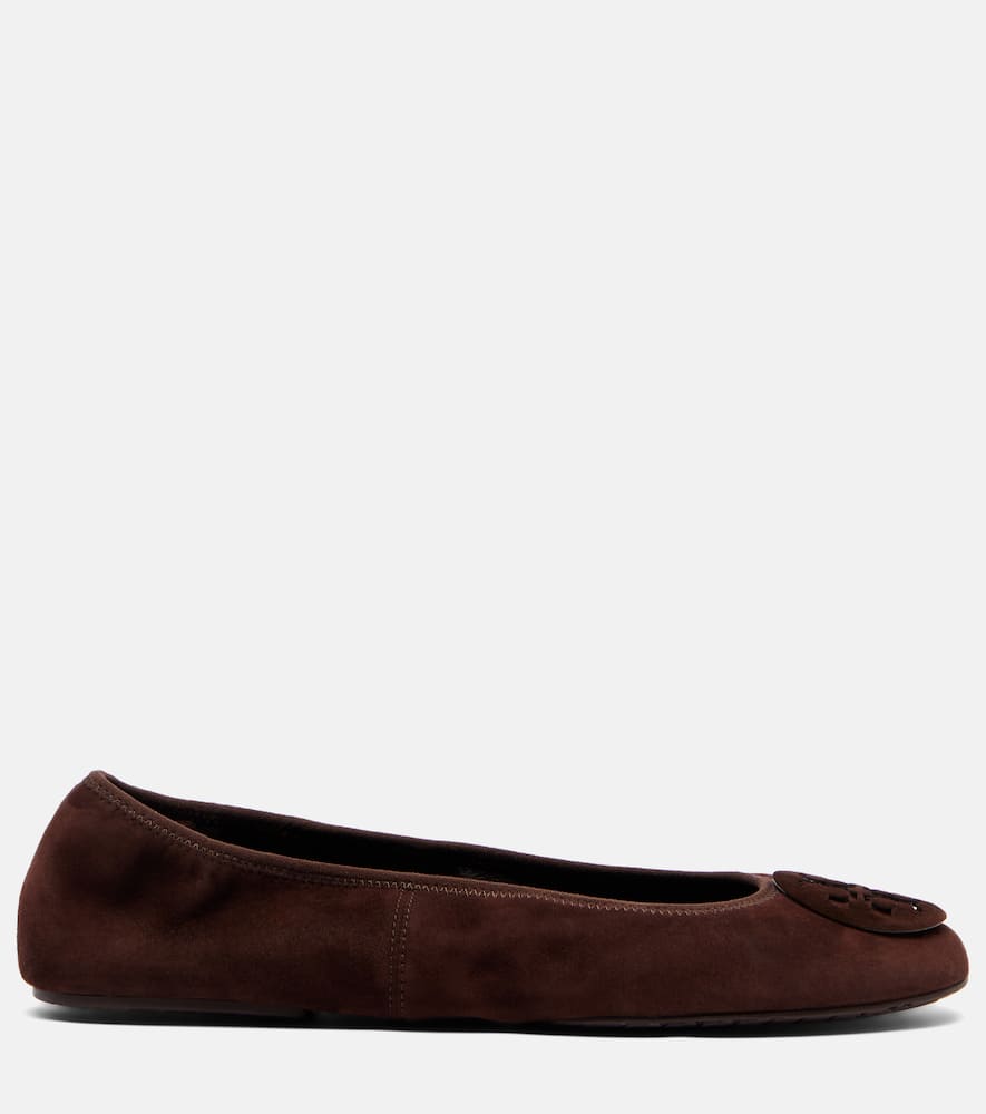 Tory Burch Suede Ballet Flats With Logo Embellishment In Brown