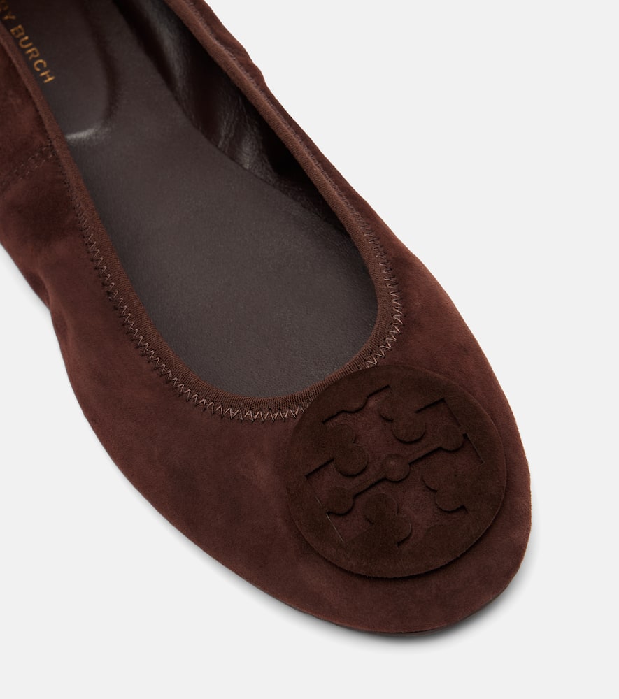 Tory Burch Suede Ballet Flats With Logo Embellishment In Brown