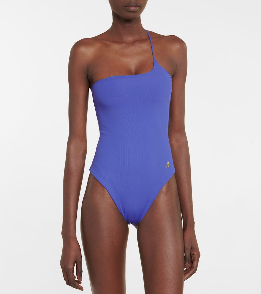 Attico Ribbed Cross Tie One Piece Swimsuit In Sapphire Blue