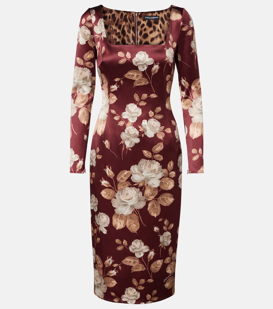 Dolce & Gabbana Floral Pattern Knee-length Dress With Long Sleeves In Burgundy